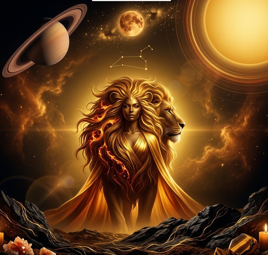 Leo horoscope May 2026 — sovereign lion figure in royal gold, New Moon in Taurus career house, Sun conjunct Uranus astrology