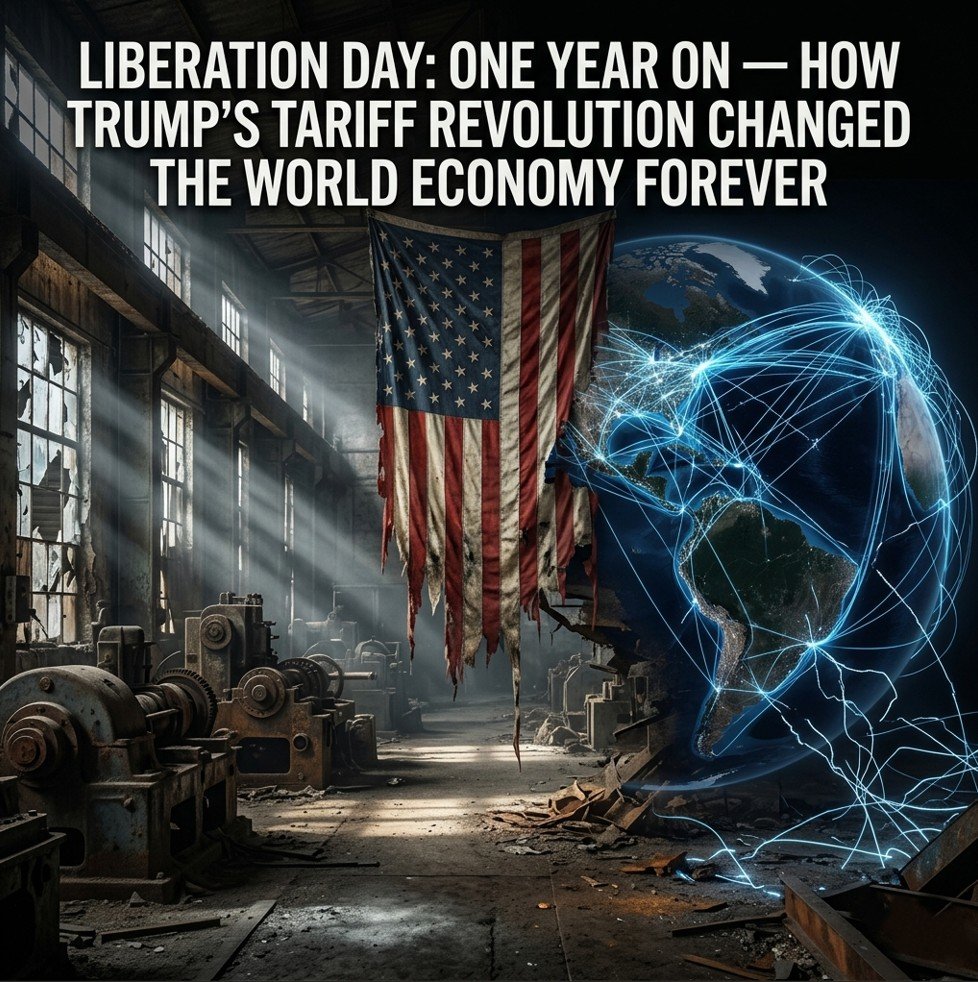 Liberation Day tariffs one year later — industrial factory ruins and global trade network map 2026