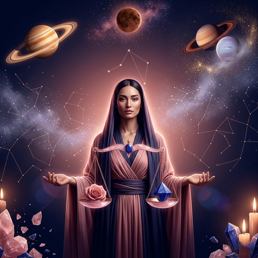Libra horoscope May 2026 — rose quartz scales figure in dusty rose indigo, 8th house New Moon transformation, Jupiter career astrology