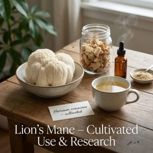 Cultivated lion’s mane mushroom, dried pieces, tincture, and powder on a wooden table