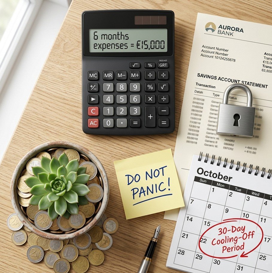 Stress‑test calculator, savings statement, and “Do Not Panic” note illustrating how to manage money during economic uncertainty