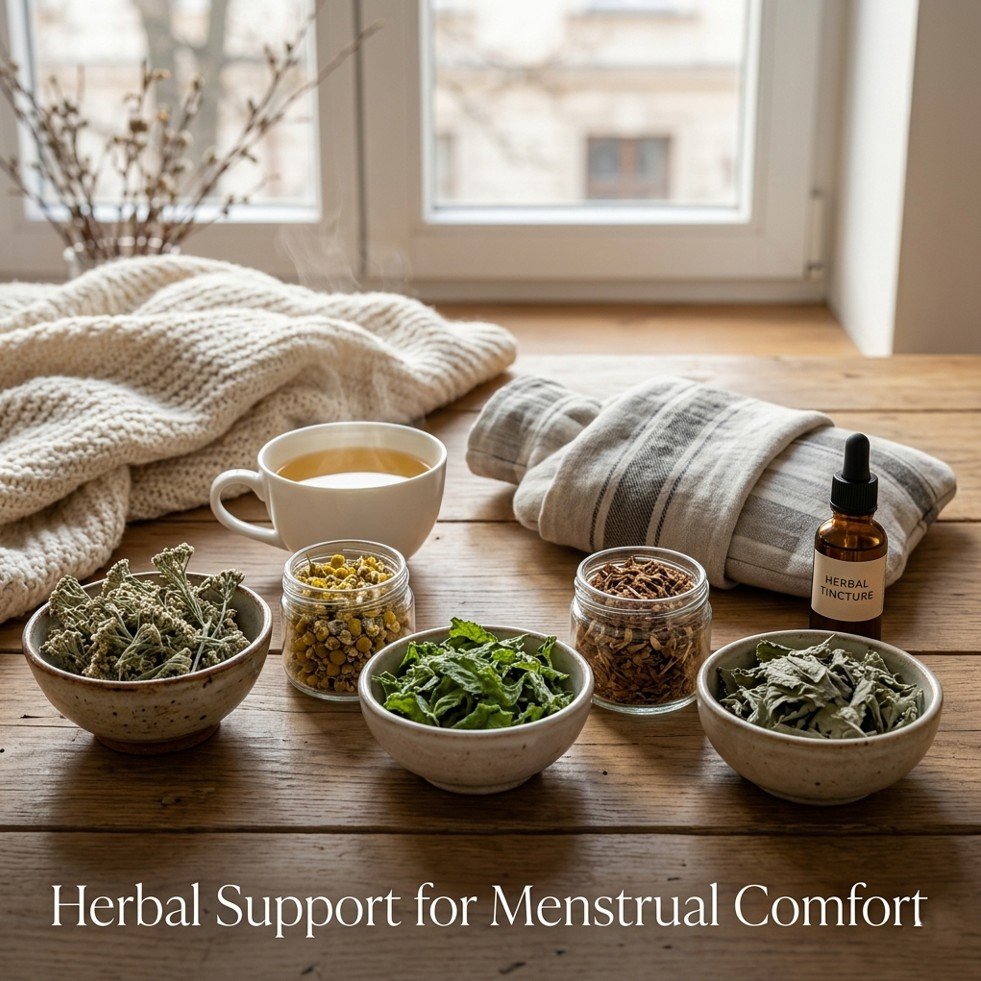 Dried yarrow, chamomile, lemon balm, cramp bark, and raspberry leaf for menstrual comfort with tea and hot water bottle