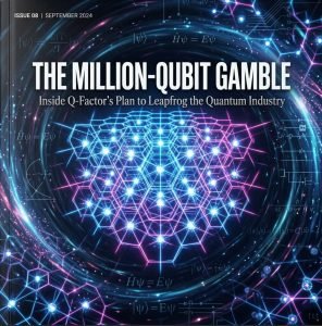 Million‑qubit quantum computer concept art showing neutral atoms trapped in optical tweezers, glowing lattice structure, futuristic quantum landscape