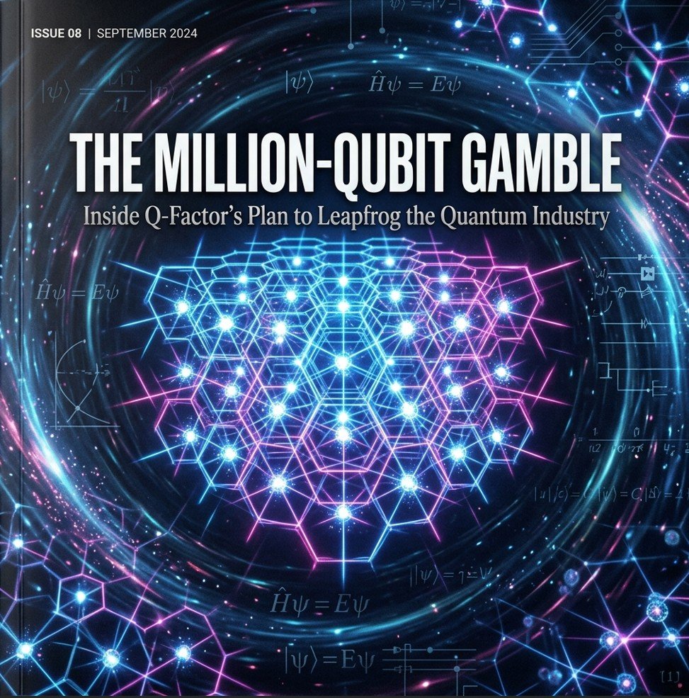 Million‑qubit quantum computer concept art showing neutral atoms trapped in optical tweezers, glowing lattice structure, futuristic quantum landscape