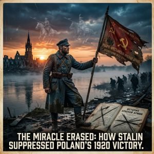“Polish victory at Warsaw 1920 – soldier with captured Red Army banner, suppressed Soviet documents”