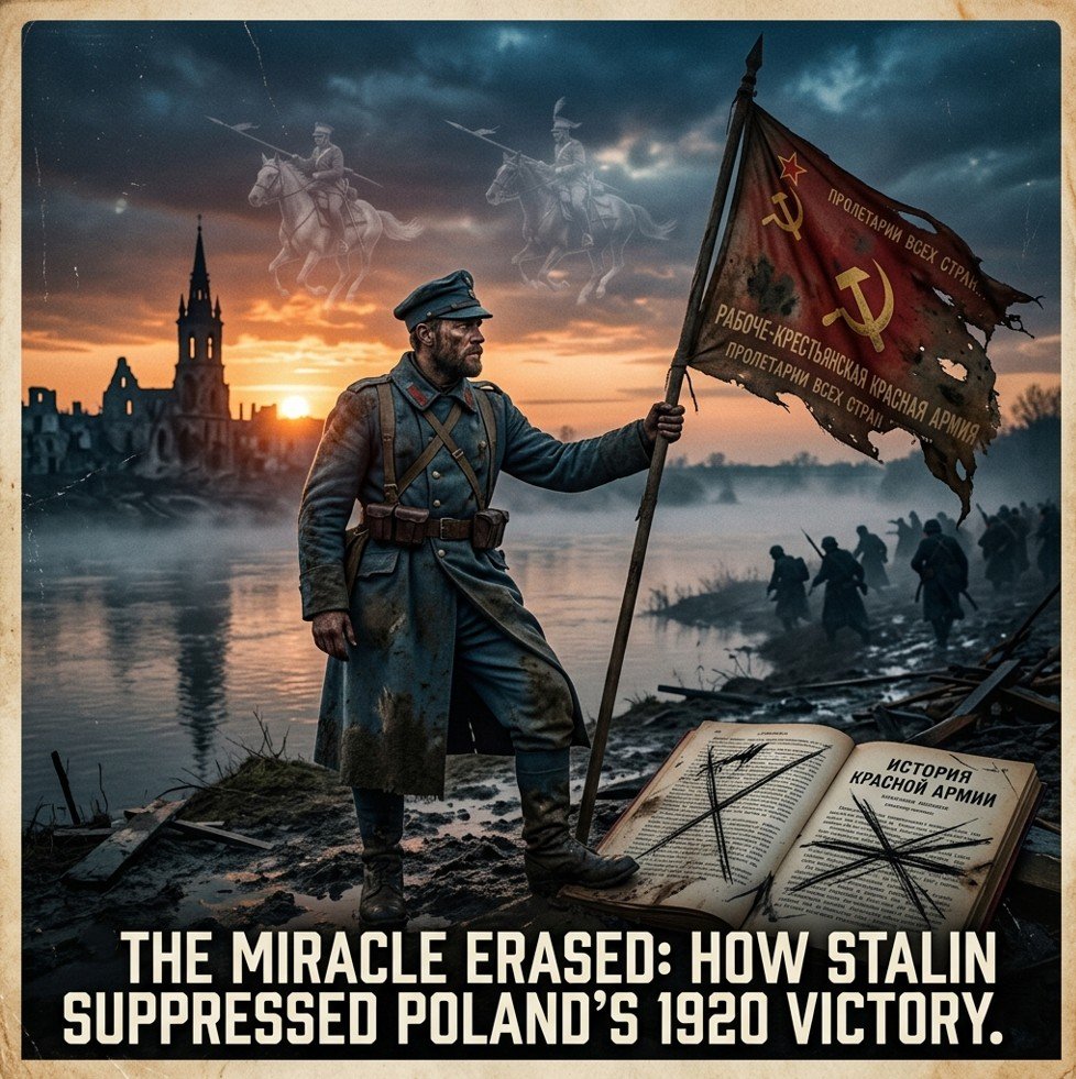 “Polish victory at Warsaw 1920 – soldier with captured Red Army banner, suppressed Soviet documents”