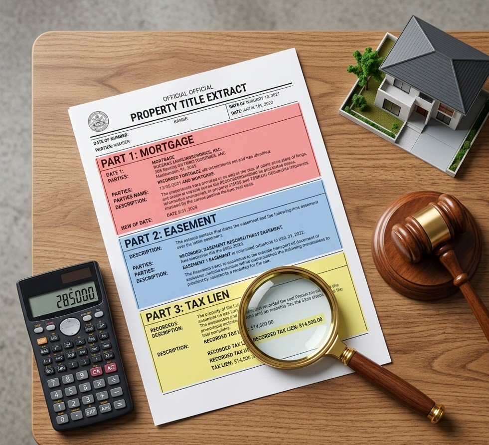 Title extract with mortgage, easement, and tax lien highlighted, illustrating property records