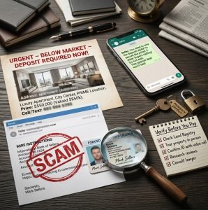 Fake listing, fraudulent wire instructions, and verification checklist illustrating the most common property scams and how to avoid them