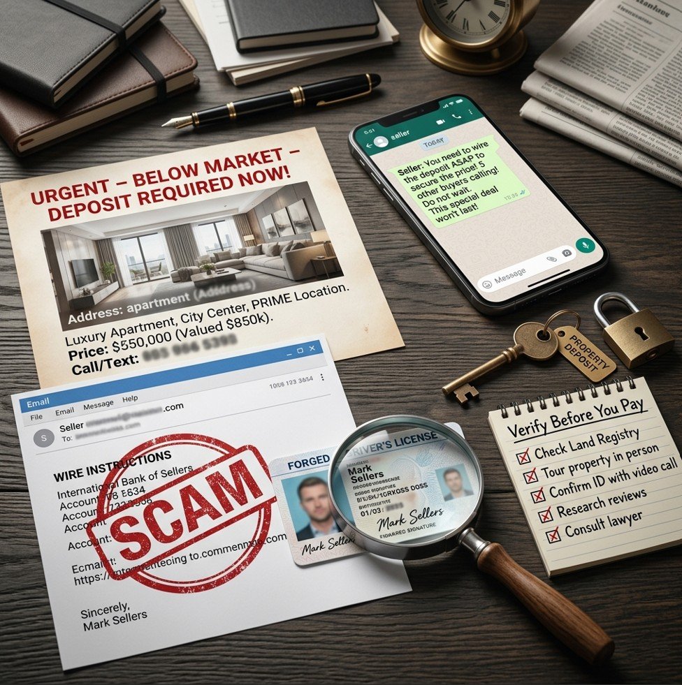Fake listing, fraudulent wire instructions, and verification checklist illustrating the most common property scams and how to avoid them