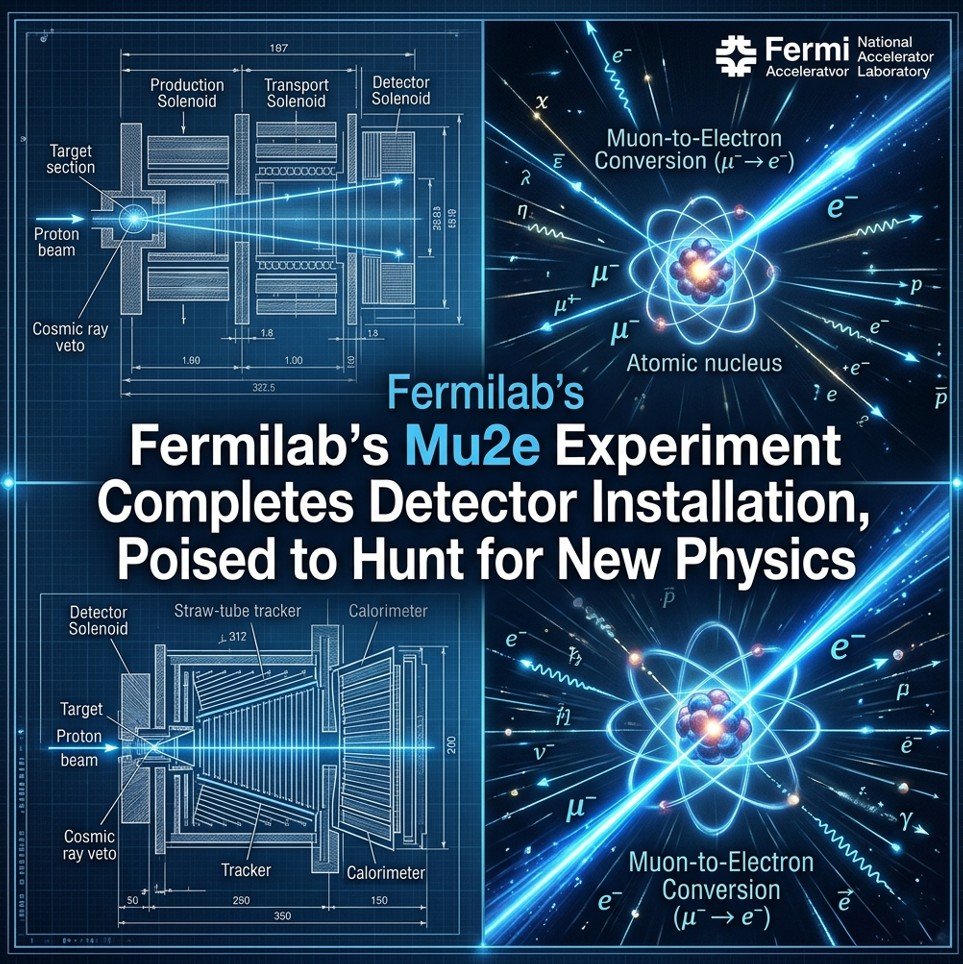 Technical illustration showing Mu2e detector components and particle conversion process with article title integrated