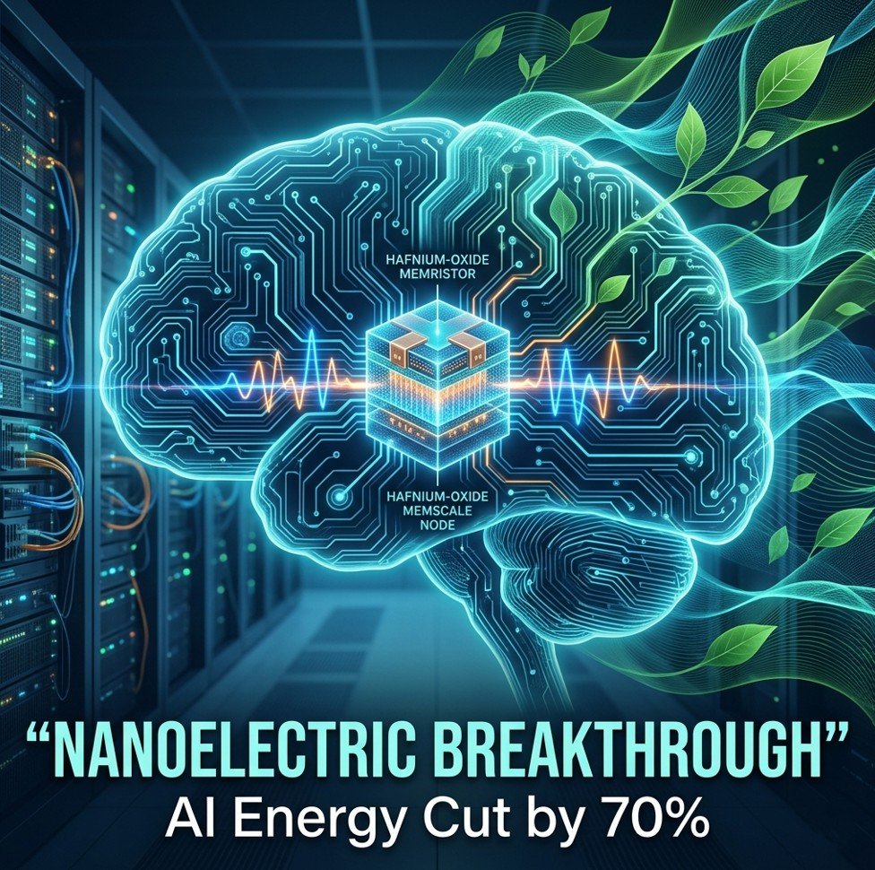 Futuristic illustration of a glowing brain silhouette with a hafnium‑oxide memristor at its centre, with the text “Nanoelectric Breakthrough – AI Energy Cut by 70%” as bold typography.
