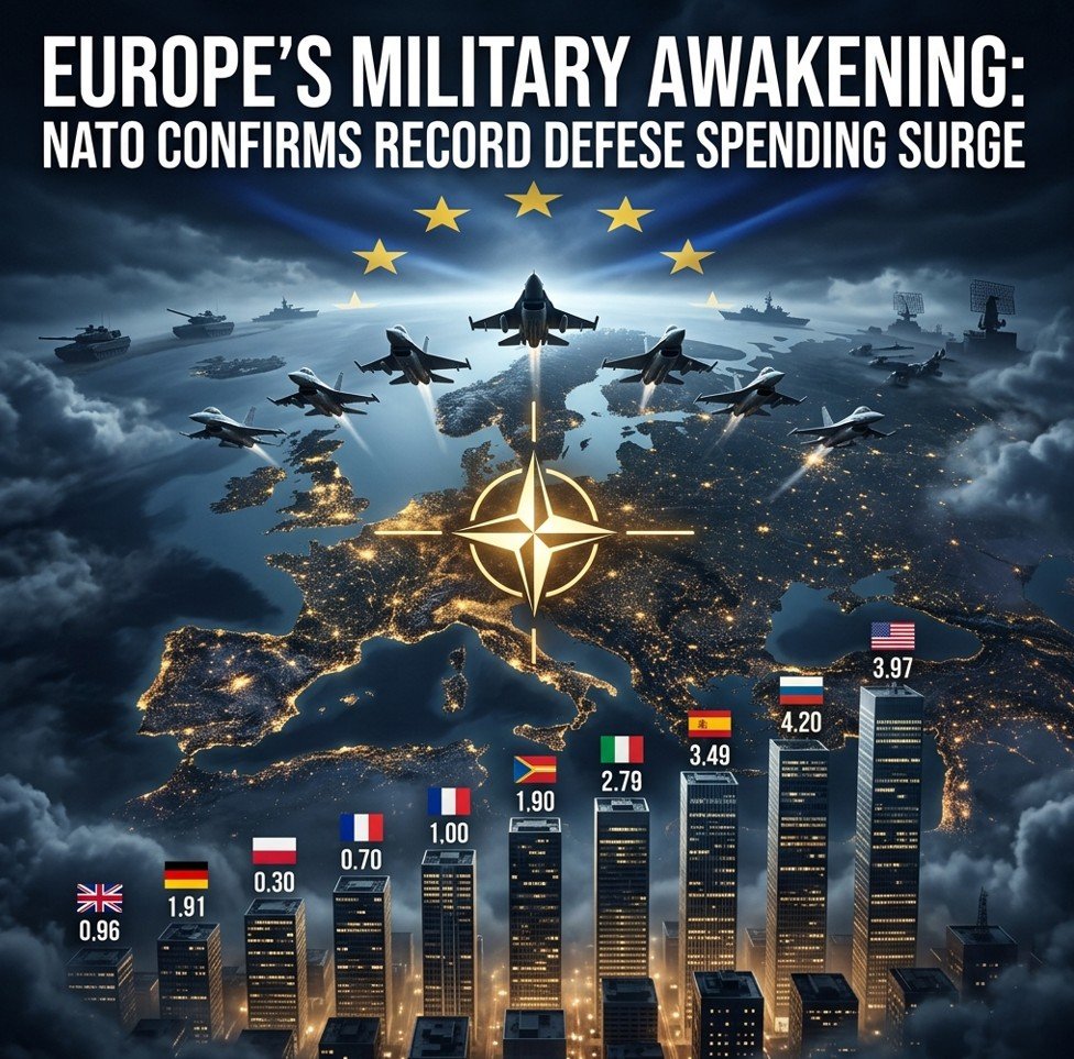 NATO Europe record defense spending surge 2026 — military jets and alliance map editorial illustration