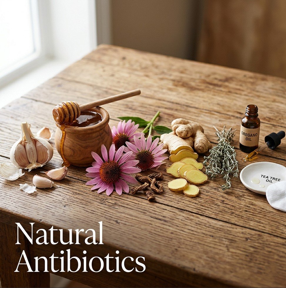 A rustic wooden table with garlic, Manuka honey, echinacea, ginger, thyme, oregano oil, and tea tree oil — natural antibiotics from plants.