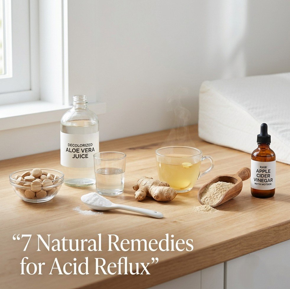 DGL lozenges, aloe vera juice, baking soda, fresh ginger, slippery elm powder, and apple cider vinegar on a kitchen counter — natural remedies for acid reflux and heartburn.