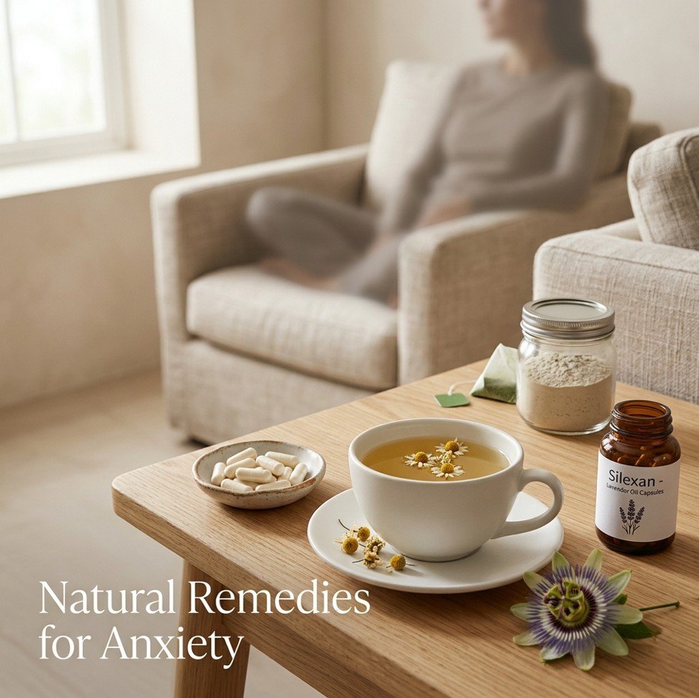 Chamomile tea, lavender capsules, magnesium supplement, L-theanine powder, and passionflower blossom on a side table — natural remedies for anxiety without medication.