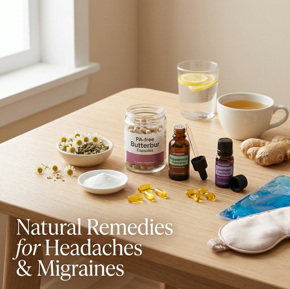 Feverfew, PA-free butterbur capsules, magnesium powder, riboflavin, CoQ10, peppermint oil, lavender oil, fresh ginger, and water with lemon — natural remedies for headaches and migraines.