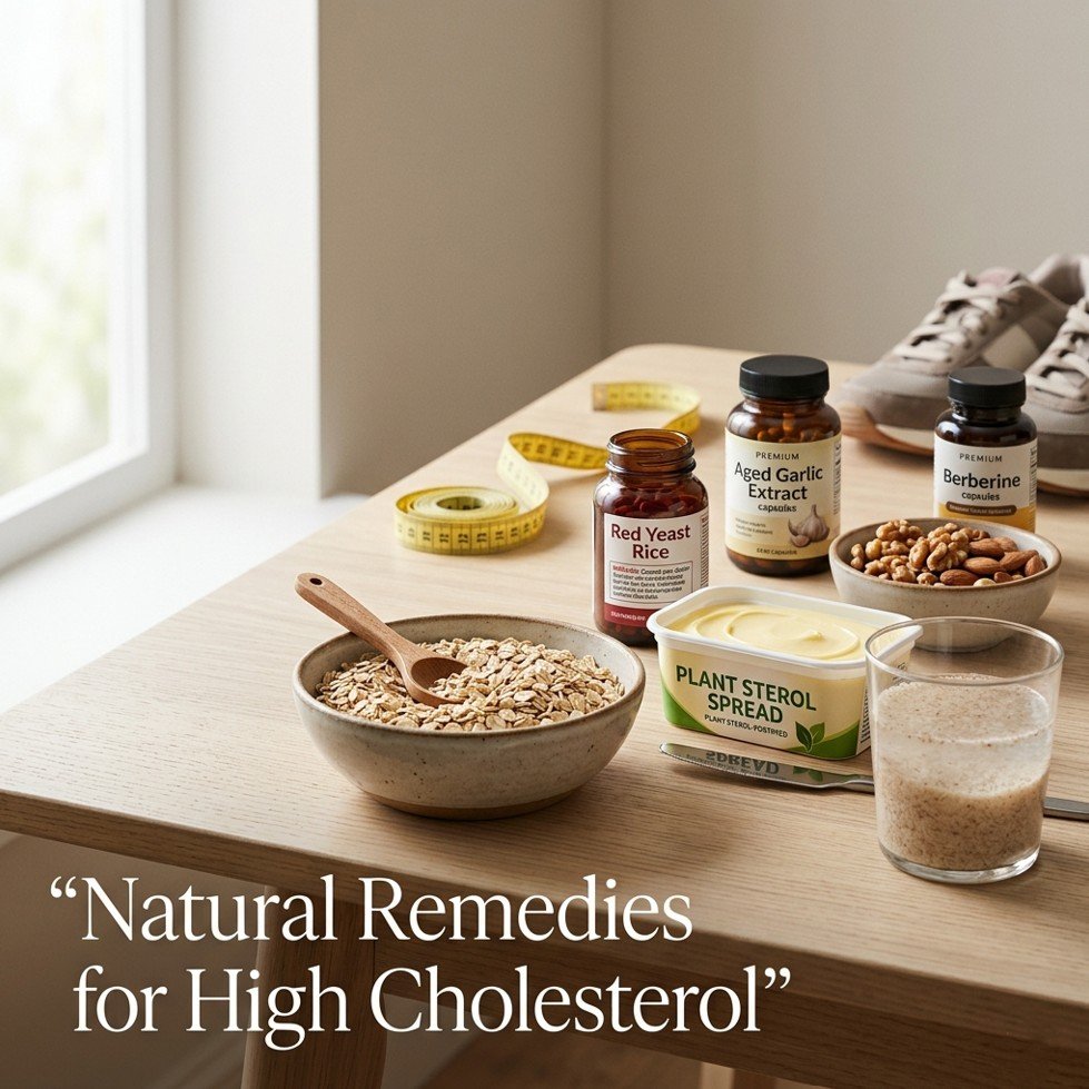 Oats, plant sterol margarine, red yeast rice capsules, psyllium fiber drink, aged garlic extract, berberine capsules, and nuts on a wooden table — natural remedies for high cholesterol without statins.