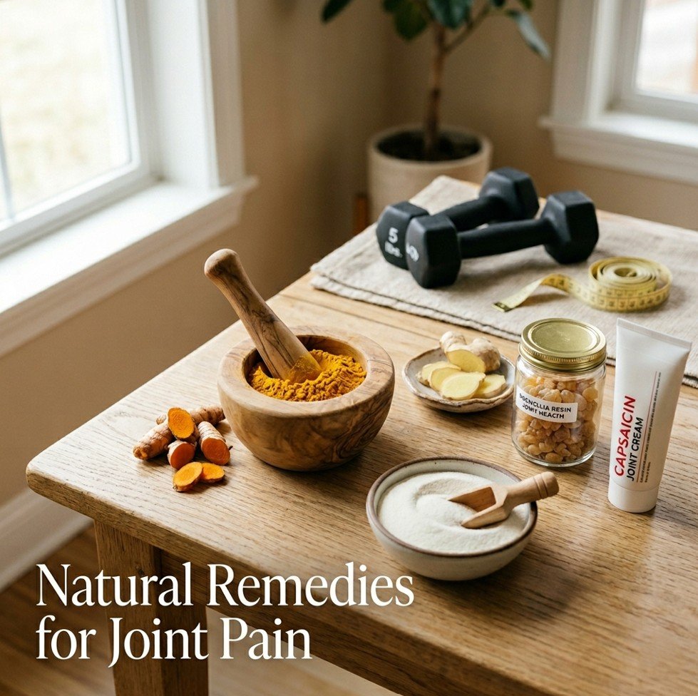 Turmeric, ginger, boswellia resin, capsaicin cream, collagen powder, dumbbells, and tape measure — natural remedies for joint pain and arthritis.