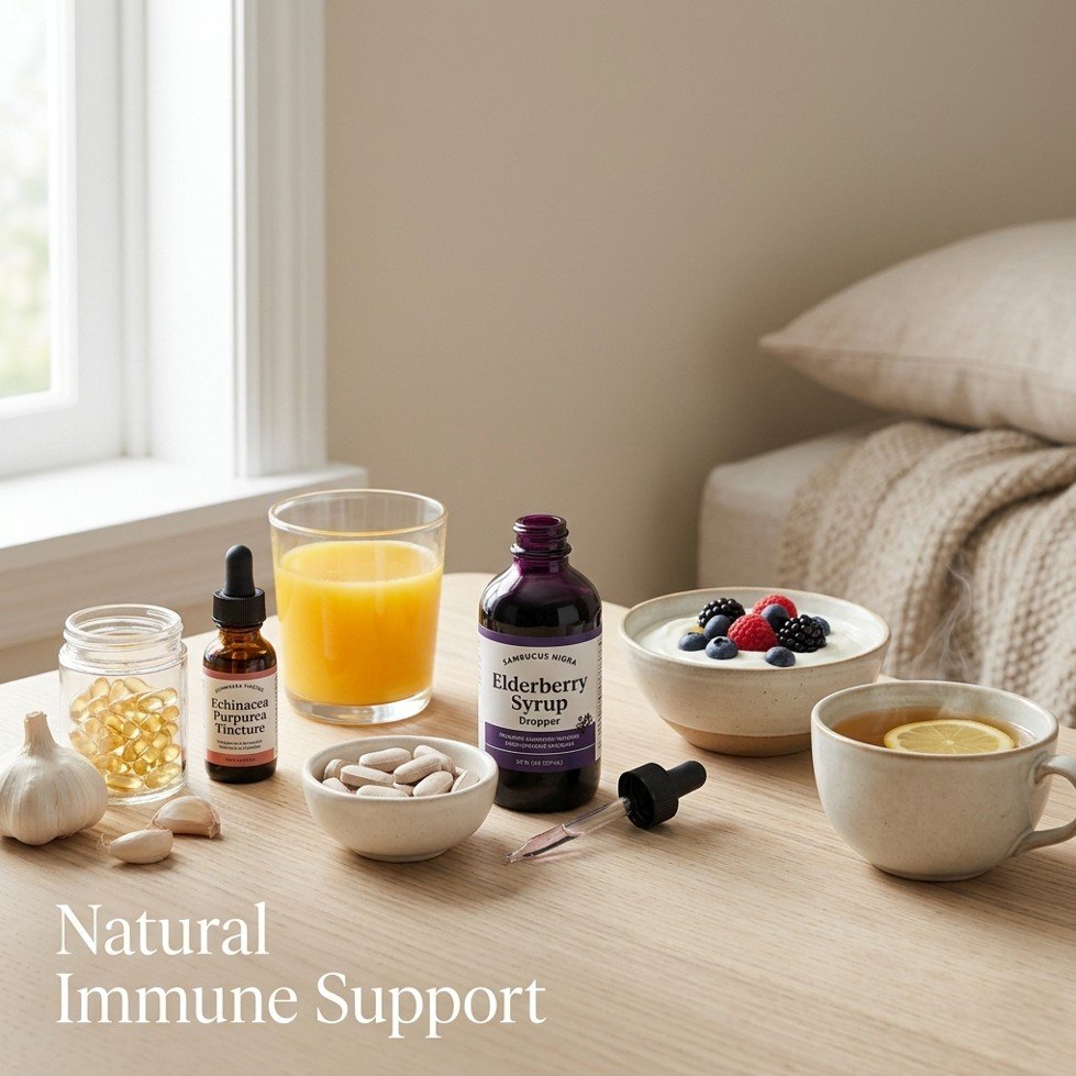 Orange juice, zinc lozenges, elderberry syrup, echinacea tincture, vitamin D capsules, garlic, yogurt with berries, and herbal tea on a wooden table — natural ways to boost your immune system fast.