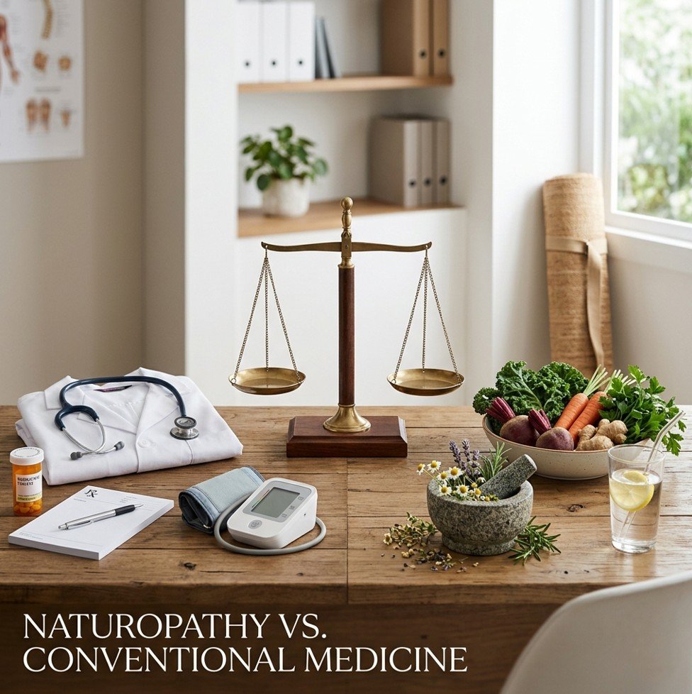 Split image of conventional medicine tools (stethoscope, prescription pad, pills) and naturopathy tools (vegetables, mortar and pestle, yoga mat) — naturopathy vs conventional medicine key differences