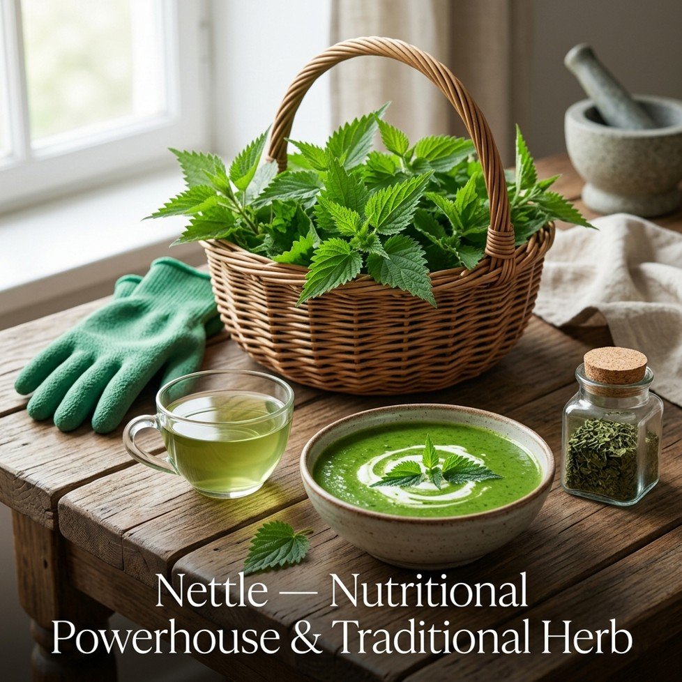 Fresh stinging nettle leaves, nettle soup, and nettle tea showcasing nettle leaf benefits