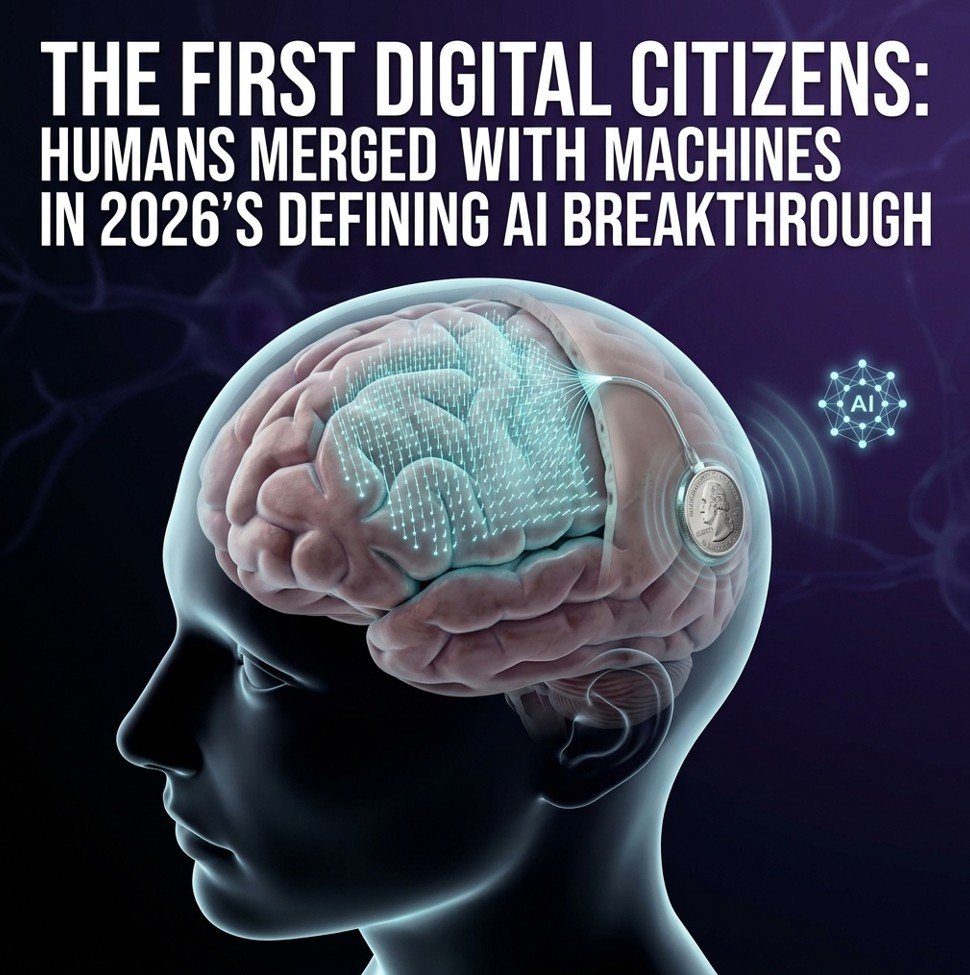 Neural interface breakthrough 2026 — human brain with micro-electrodes linking to quarter-sized implant and AI core