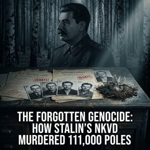 Declassified NKVD files from the Polish Operation 1937 genocide with Stalin’s silhouette and execution stamps