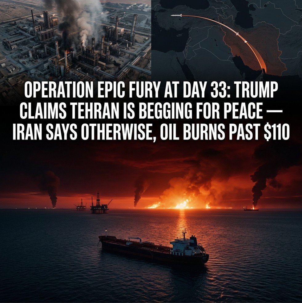 Operation Epic Fury Day 33 — Strait of Hormuz closed, oil prices at $110, US-Israel war on Iran 2026