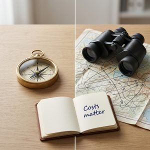 Split-screen compass and binoculars illustrating passive vs active investing