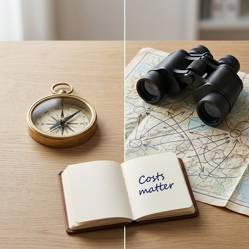 Split-screen compass and binoculars illustrating passive vs active investing