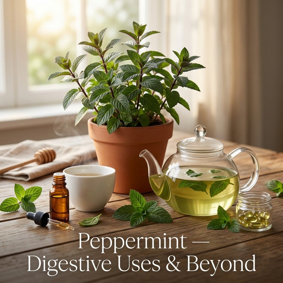 Fresh peppermint plant, peppermint tea, peppermint oil, and enteric-coated capsules on a wooden table