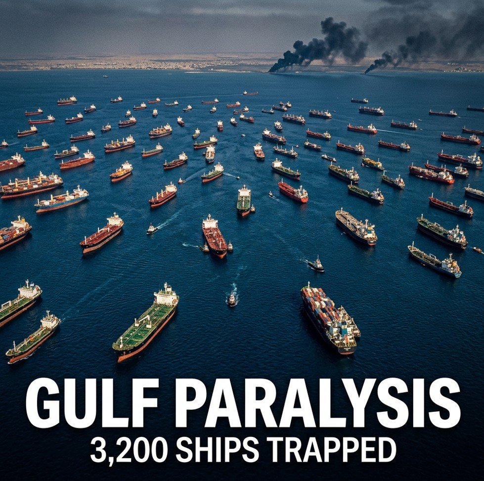 Persian Gulf crisis 2026 3200 ships trapped Strait of Hormuz blockade