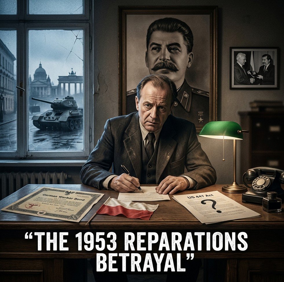 Polish WWII reparations document 1953 forced signature Stalin with 447 Act reference”