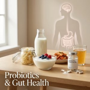 Yogurt, sauerkraut, kefir, kimchi, kombucha, and probiotic supplement on a wooden table — probiotics gut health alternative medicine approach.