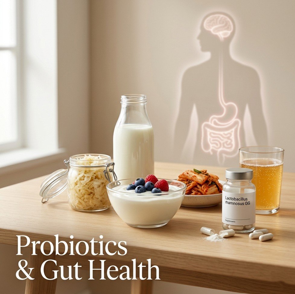 Yogurt, sauerkraut, kefir, kimchi, kombucha, and probiotic supplement on a wooden table — probiotics gut health alternative medicine approach.