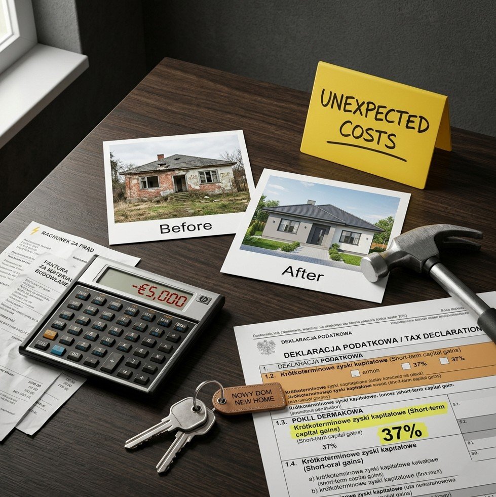 Before/after photos and calculator showing loss, illustrating whether property flipping still makes sense