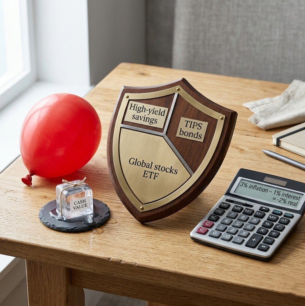 Inflation balloon, melting cash ice cube, and protective shield illustrating how to protect savings from inflation