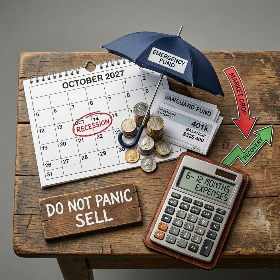 Umbrella protecting coins and statements with recovery arrows illustrating how to protect wealth during a recession