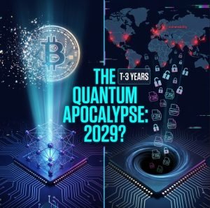 Quantum computing threat – split-screen showing Bitcoin dissolution and global vulnerability map