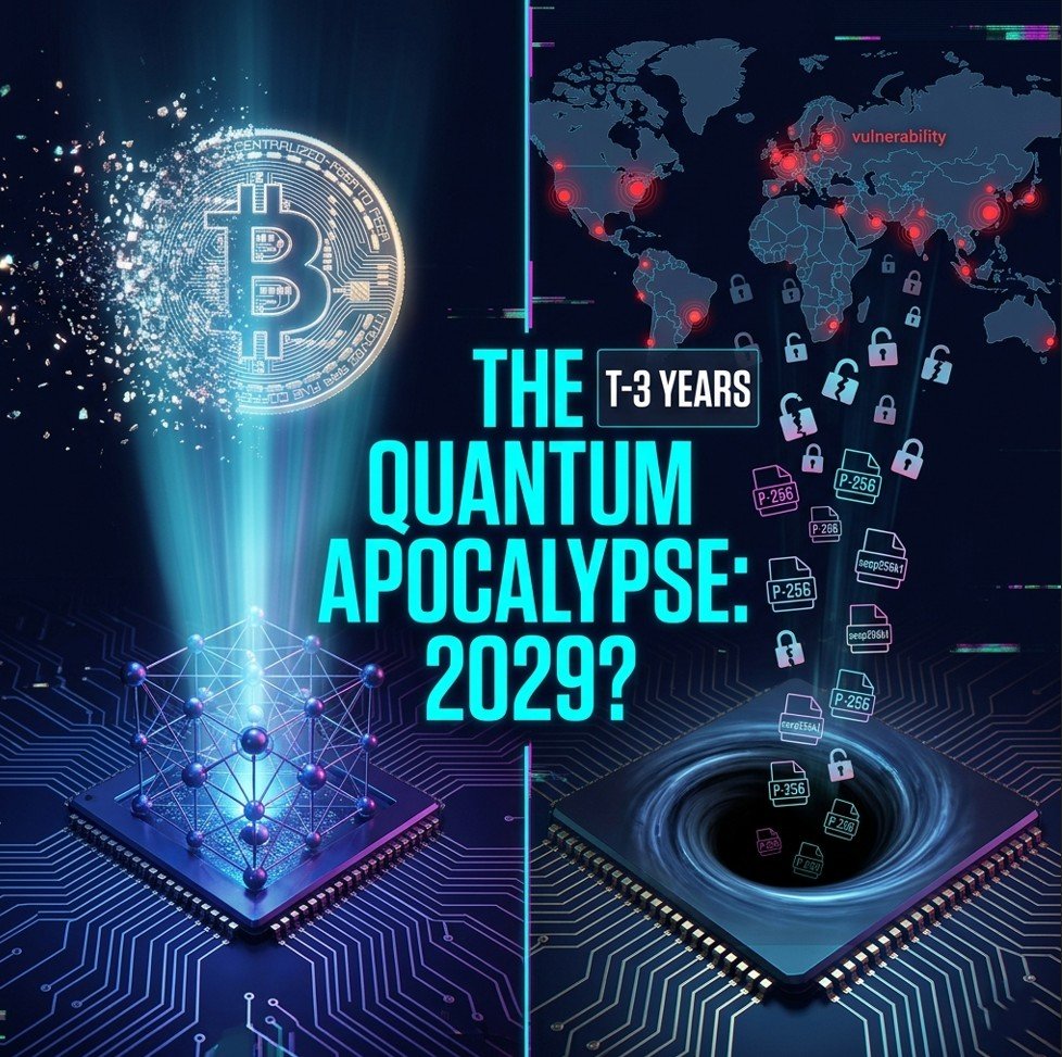 Quantum computing threat – split-screen showing Bitcoin dissolution and global vulnerability map