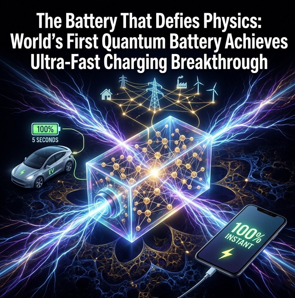 World's first quantum battery superabsorption breakthrough 2026 — cinematic science editorial illustration