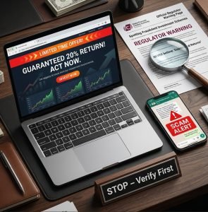 Laptop with fake investment website and smartphone with scam message illustrating how to recognize an online investment scam