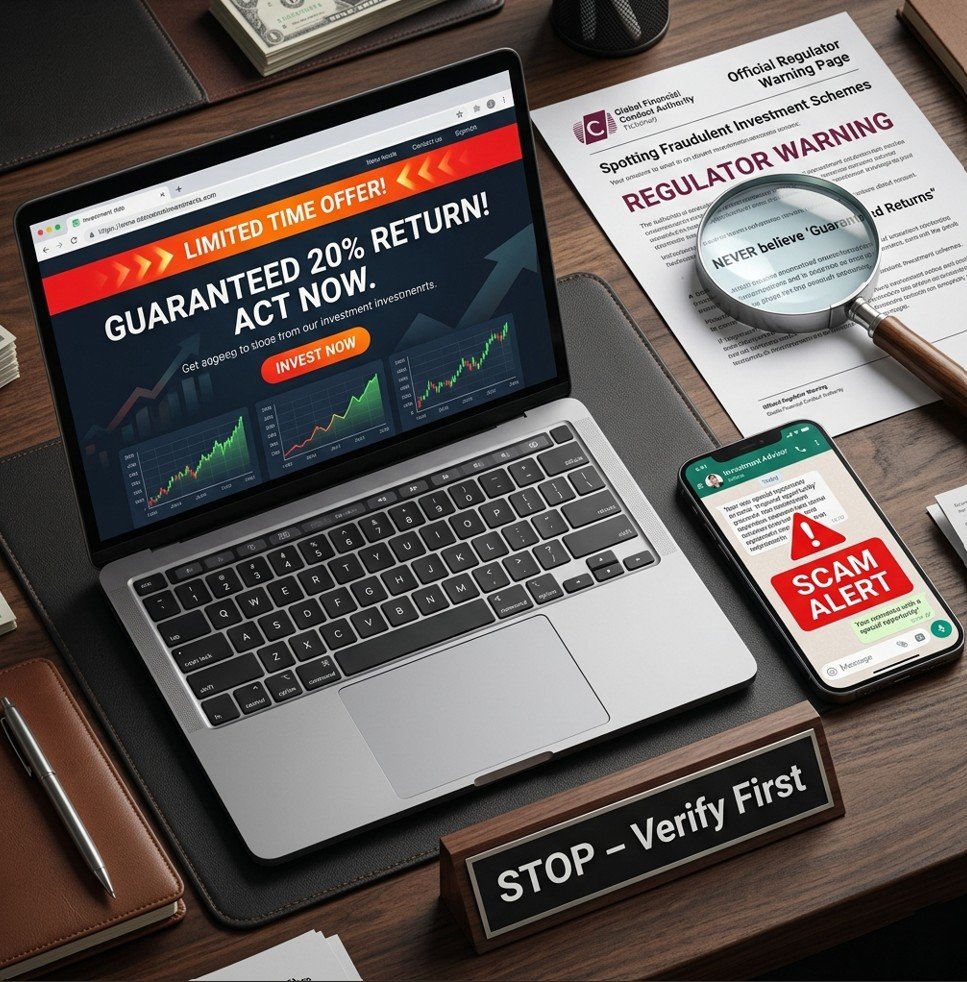 Laptop with fake investment website and smartphone with scam message illustrating how to recognize an online investment scam