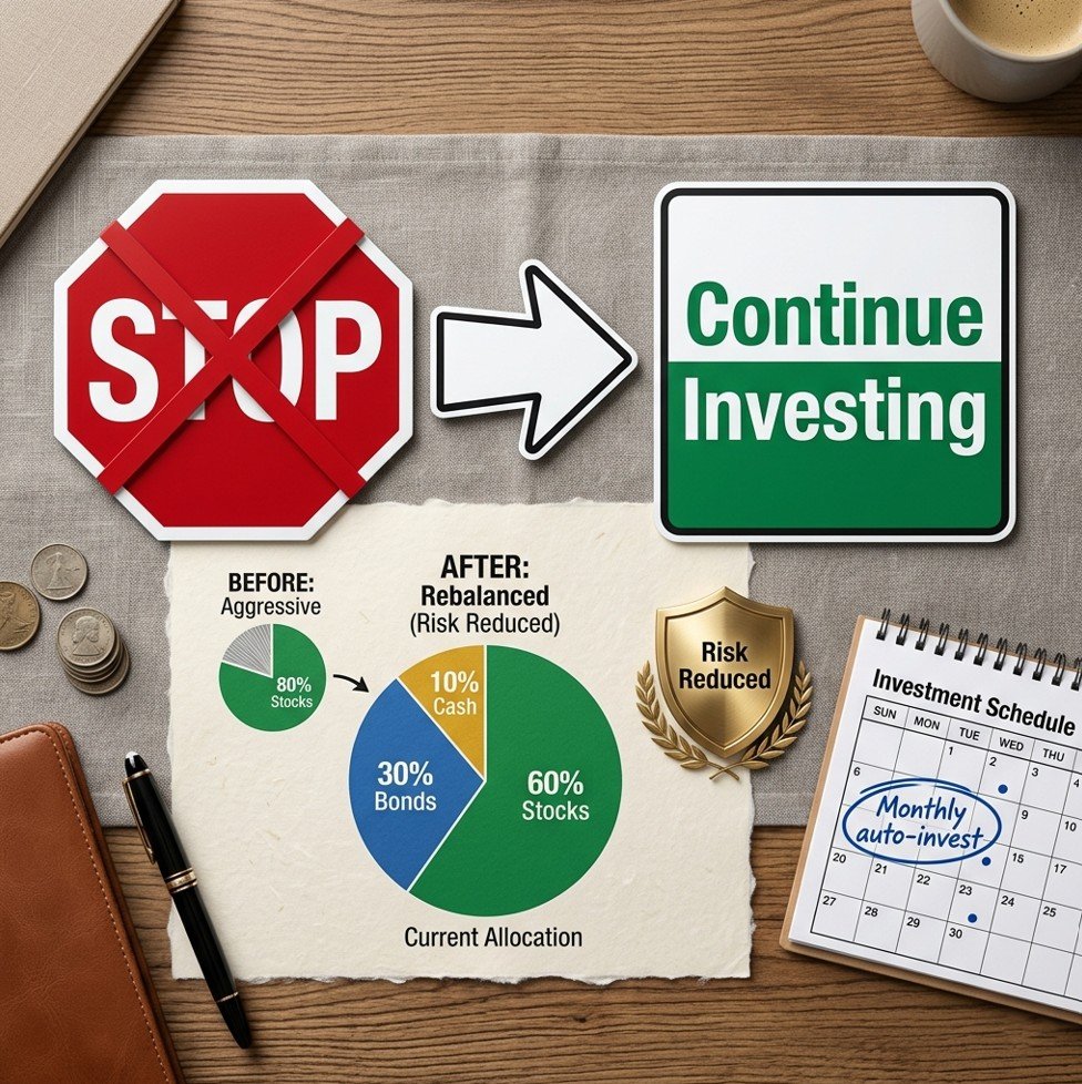 Stop sign crossed out, pie chart with adjusted allocation illustrating how to reduce risk without stopping investing