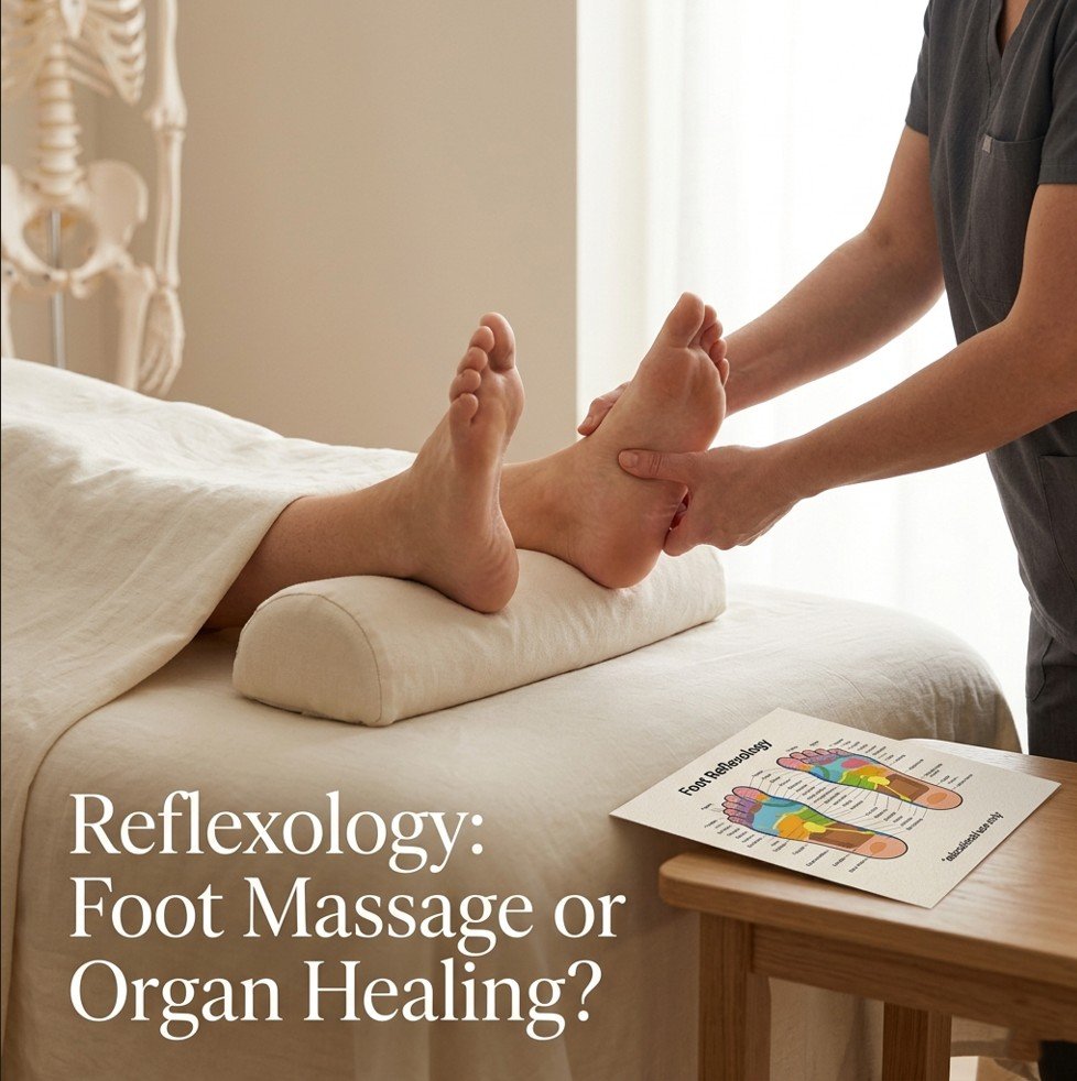 Reflexologist’s hands pressing on a foot with a reflexology chart on a side table — reflexology does foot massage actually heal organs.