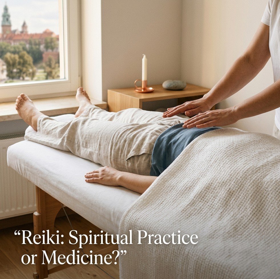 Reiki practitioner's hands hovering over a person lying on a massage table in a serene treatment room — reiki healing spiritual practice or medical treatment.