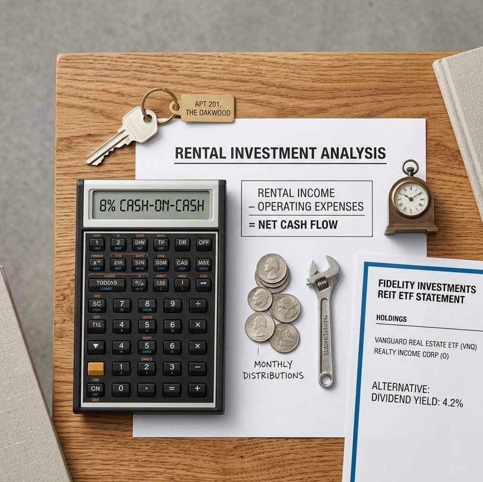 Calculator and rental property documents illustrating whether rental property is still a good investment