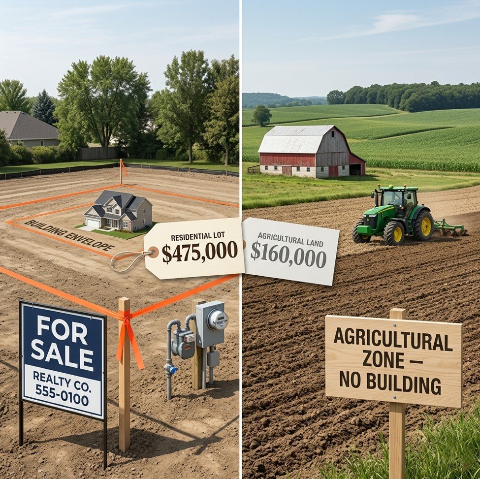Split-screen comparison of residential and agricultural land illustrating key differences