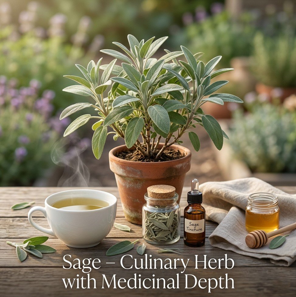 Fresh sage plant, dried sage leaves, sage tea, and sage tincture for health benefits