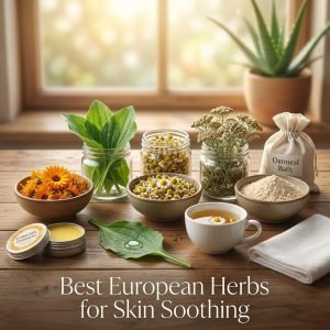 Calendula flowers, fresh plantain leaves, dried chamomile, dried yarrow, and colloidal oatmeal for skin soothing
